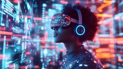 Exploring virtual reality technology with immersive headgear and vibrant digital graphics in a futuristic setting