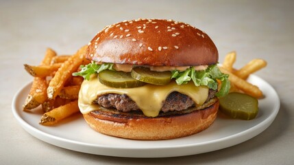 Juicy cheeseburger with fresh toppings and crispy fries served on a white plate