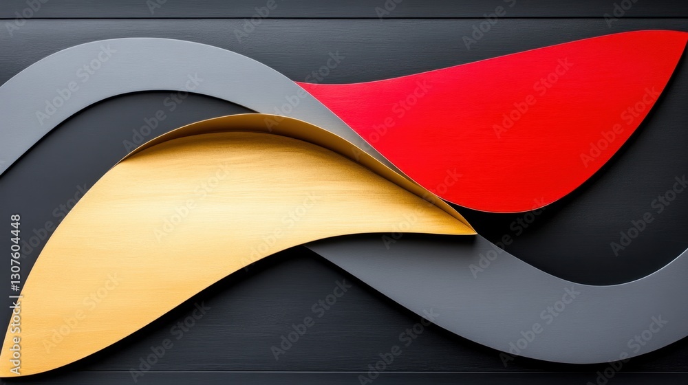 Poster abstract geometric pattern with textured lines in matte black, gold, and deep red, creating a stark 