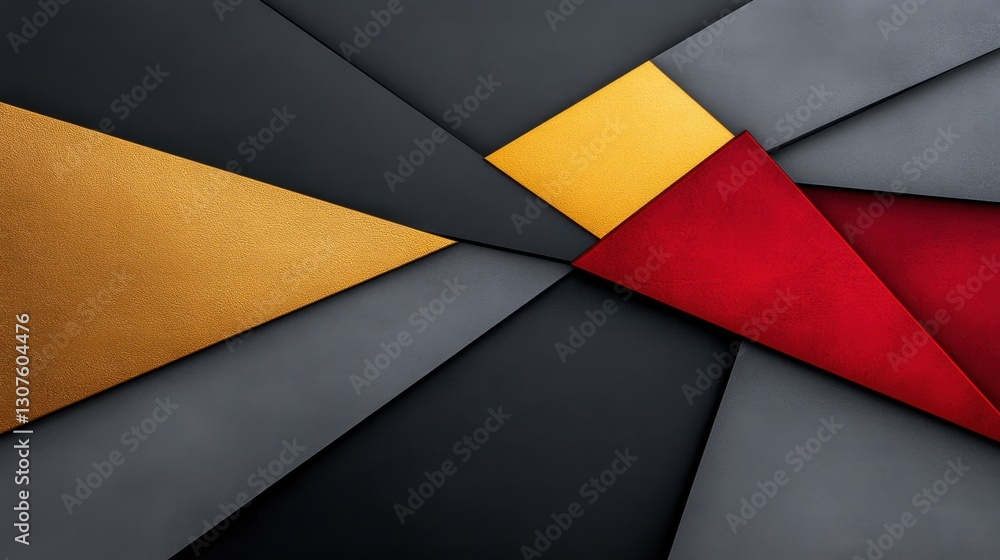 Poster A colorful abstract design with gold and red elements in the middle of a black background. The design is made up of various shapes and lines, creating a dynamic and visually interesting composition
