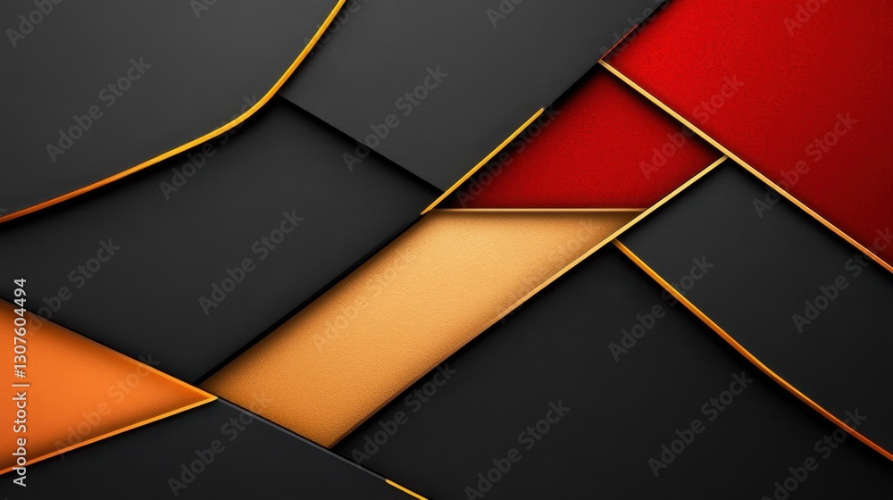 Poster a black and gold design with red accents. the design is made up of different shapes and lines, creat