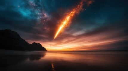 Fototapeta premium A brilliant meteor streak descends from the heavens towards a peaceful beach at sunset, captivating observers and evoking a sense of awe amidst the changing horizon.