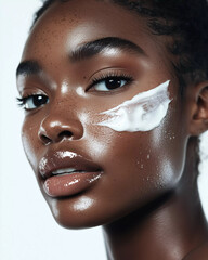 Beautiful African woman with hydrated skin face and cream smear. Skincare cosmetic beauty product.