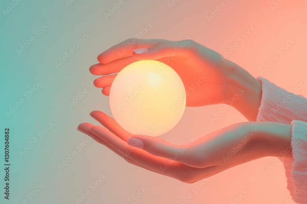 Aufkleber offering glowing light from gentle hands amidst pastel hues and serene gradient background generativ