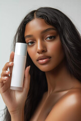 Skincare cosmetic beauty mock up, beautiful woman with hydrated skin face holding moisturizing product