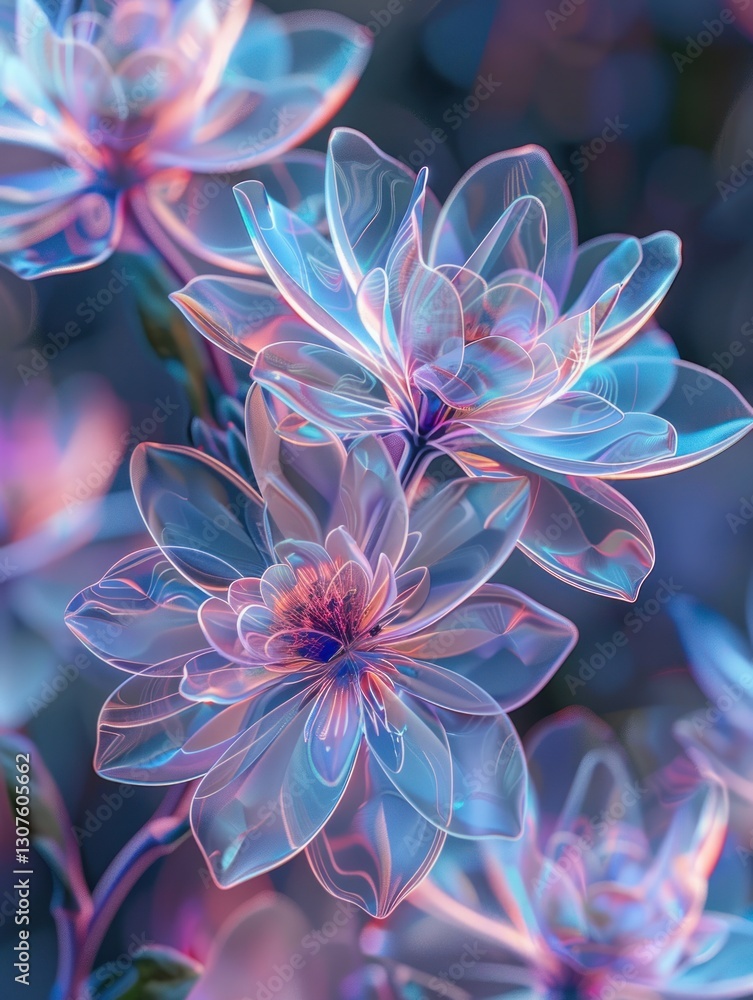 Poster floral patterns shimmer with iridescent colors in soft light, creating a captivating, futuristic loo