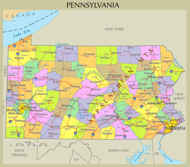 Obraz premium Detailed map of Pennsylvania, United States