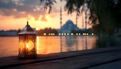 Obraz premium Illuminated Lantern at Sunset by Lake with Mosque Background. Perfect for Ramadan, peace, or religious themed projects