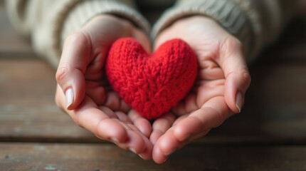 Fototapeta premium Loving Young Woman Holding Knitted Red Heart in Cupped Hands Indoors