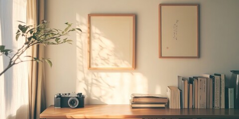 Sunlight streams into a cozy room with a vintage camera, plants, and books.