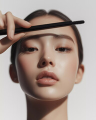Cosmetic beauty brow brush, close up beautiful asian woman with matte skin face