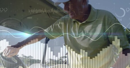Golfing, elderly man with data analytics overlay, focusing on swing technique - Powered by Adobe