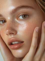 A model with blonde hair and glowing skin applying skincare cream on her face, Beauty product ad.