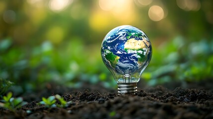 Light Bulb with Globe in Soil Symbolizing Sustainable Energy, A light bulb with a globe inside is planted in soil