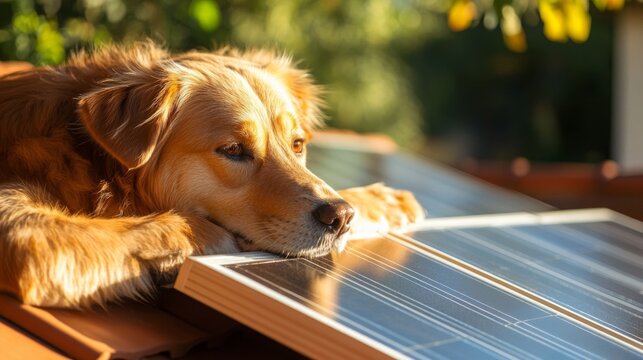Golden retriever resting on solar panels in a sunny backyard, enjoying afternoon warmth on a clear day