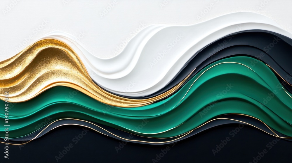 Poster emerald green, gold, and charcoal drips cascading across the canvas, creating a dynamic, textured pa