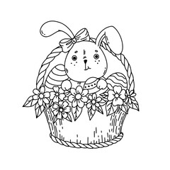 Easter bunny with eggs, basket and spring flowers. Easter coloring book page. Congratulation banner postcard 