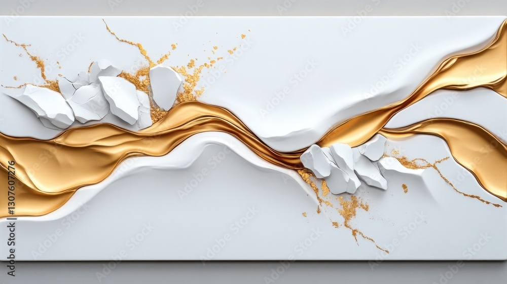 Poster abstract geometric canvas with gold and bronze shapes interspersed with splashes of white and beige 