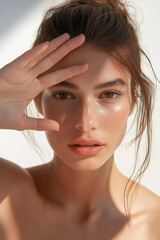 Skincare cosmetic beauty ad, beautiful woman with hydrated skin face.