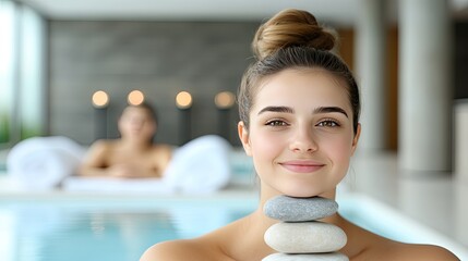 A woman lies peacefully in a serene spa environment, surrounded by harmonious stones and soft candlelight creating a calming atmosphere