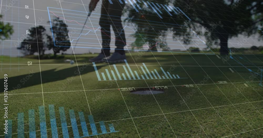 Poster golfer on green with data charts and graphs overlay animation