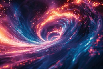A mesmerizing swirling vortex reveals vibrant neon blue and magenta lights, creating a stunning cyberpunk energy effect