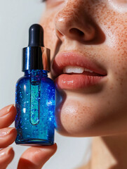 Beautiful woman with fresh hydrated glowing skin face holding moisturizing serum dropper. Skincare cosmetic beauty mock up.
