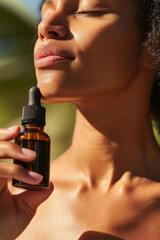 Beautiful woman with tan skin face holding moisturizing serum dropper. Skincare cosmetic beauty mock up.