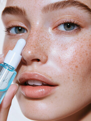 Beautiful woman with fresh hydrated glowing skin face holding moisturizing serum dropper. Skincare cosmetic beauty mock up.