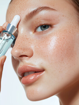 Beautiful woman with fresh hydrated glowing skin face holding moisturizing serum dropper. Skincare cosmetic beauty mock up.