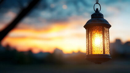 Illuminated lantern hanging at sunset, city skyline blurred background; ideal for Ramadan, peace, hope, and spirituality themes