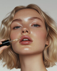 Beautiful woman with fresh glowing skin face applying moisturizing serum from dropper. Skincare cosmetic beauty mock up.