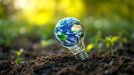 Light Bulb with Globe in Soil Symbolizing Sustainable Energy, A light bulb with a globe inside is planted in soil