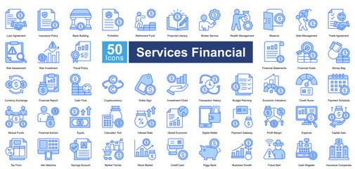 Services Financial icon set in blue color style, featuring 50 icons of banking, investment, insurance, and financial planning. Perfect for fintech, business reports, and economic analysis.