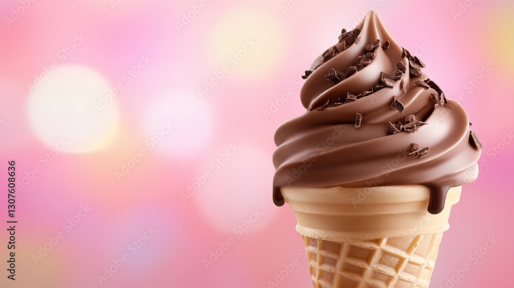 Poster chocolate ice cream cone with melting edges and cocoa flakes, captured against a colorful bokeh blur