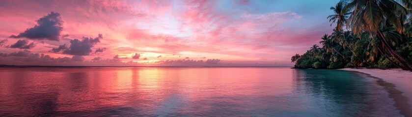 Fototapeta premium A serene tropical beach at sunset, featuring vibrant pink and purple skies, calm waters, and palm trees along the shore.