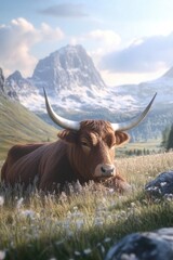 Bull in field with mountains