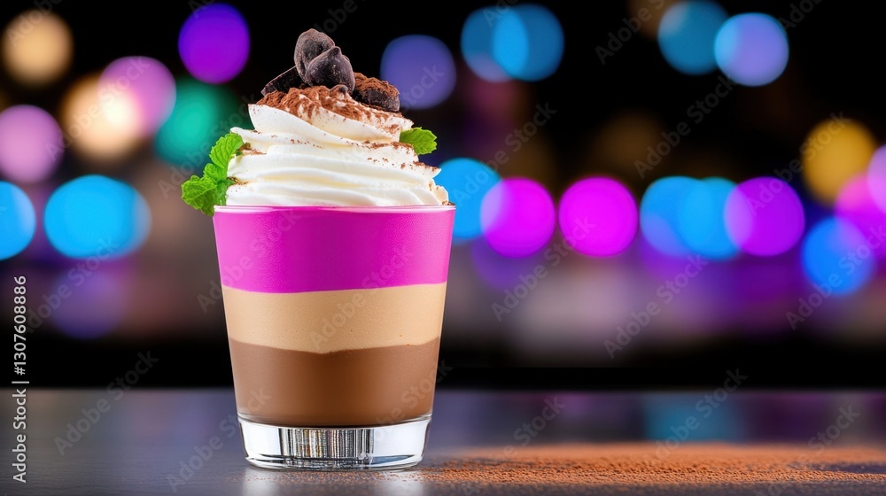 Poster delicate chocolate mousse with a swirl of whipped cream and cocoa powder, illuminated by colorful bo