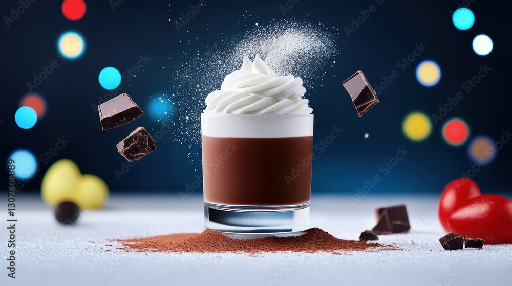 Poster delicate chocolate mousse with a swirl of whipped cream and cocoa powder, illuminated by colorful bo