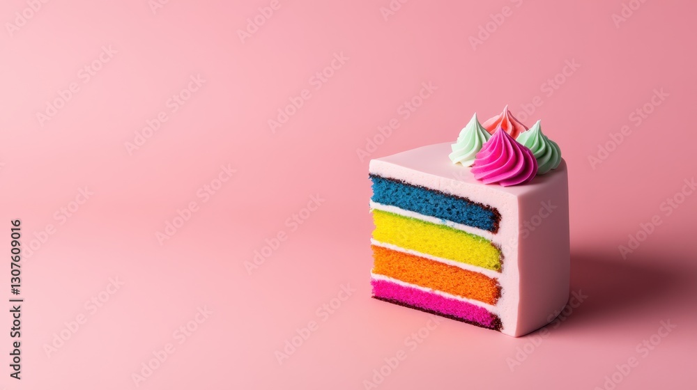 Poster vibrant rainbow cake slice with smooth frosting layers, positioned to allow space for branding text.