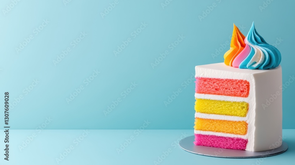 Poster vibrant rainbow cake slice with smooth frosting layers, positioned to allow space for branding text.
