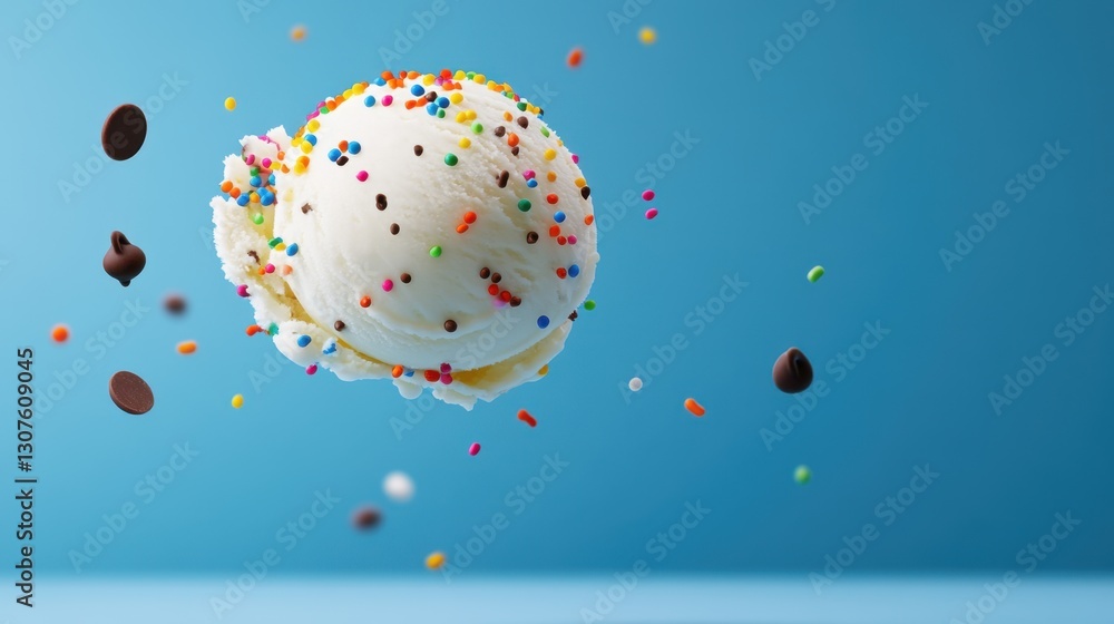 Poster floating ice cream scoop in mid-air with sprinkles and chocolate chips, creating a dynamic ad-friend