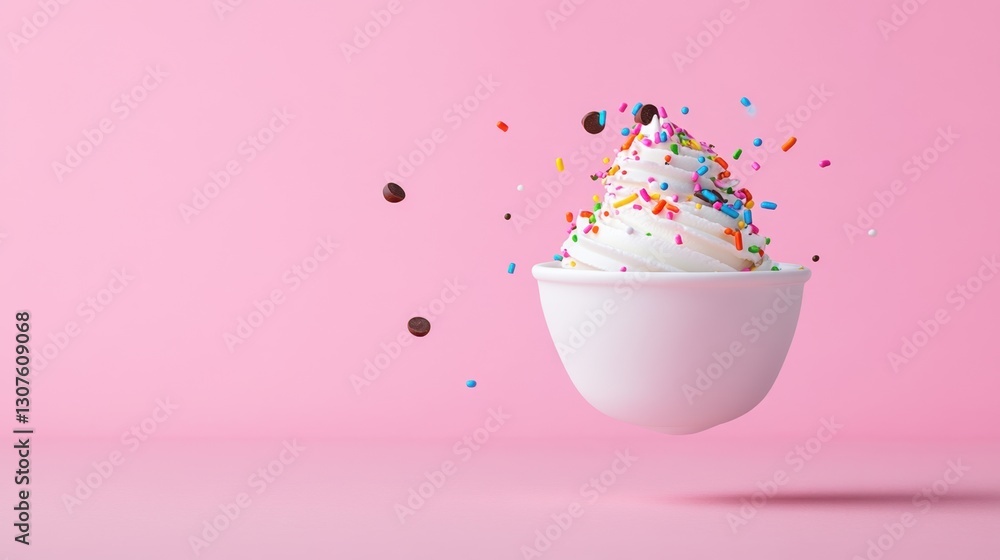 Poster floating ice cream scoop in mid-air with sprinkles and chocolate chips, creating a dynamic ad-friend