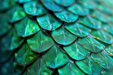 Obraz premium A close-up of emerald scales highlights their stunning detail and textures under soft light