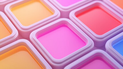 A vibrant arrangement of colorful square containers, showcasing shades of pink, blue, orange, and purple, ideal for artistic projects or creative expression.