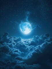 Soft misty clouds float effortlessly in the deep cosmic expanse, illuminated by a bright, radiant moon