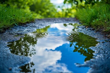 Naklejka premium Puddle Reflection of Sky and Trees