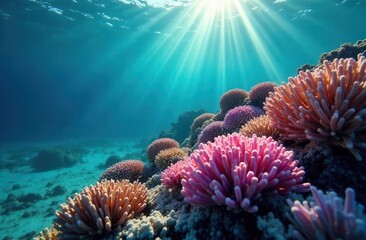 underwater world of the ocean with coral bottom. background about vacation and diving
