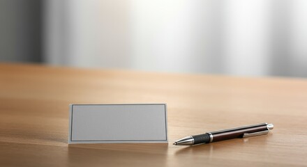 Blank nameplate and pen on wooden desk, office setup