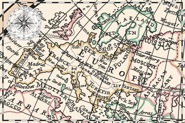An old historical vintage map of the European part of Eurasia the names of continents, islands and oceans, and the routes of navigators.